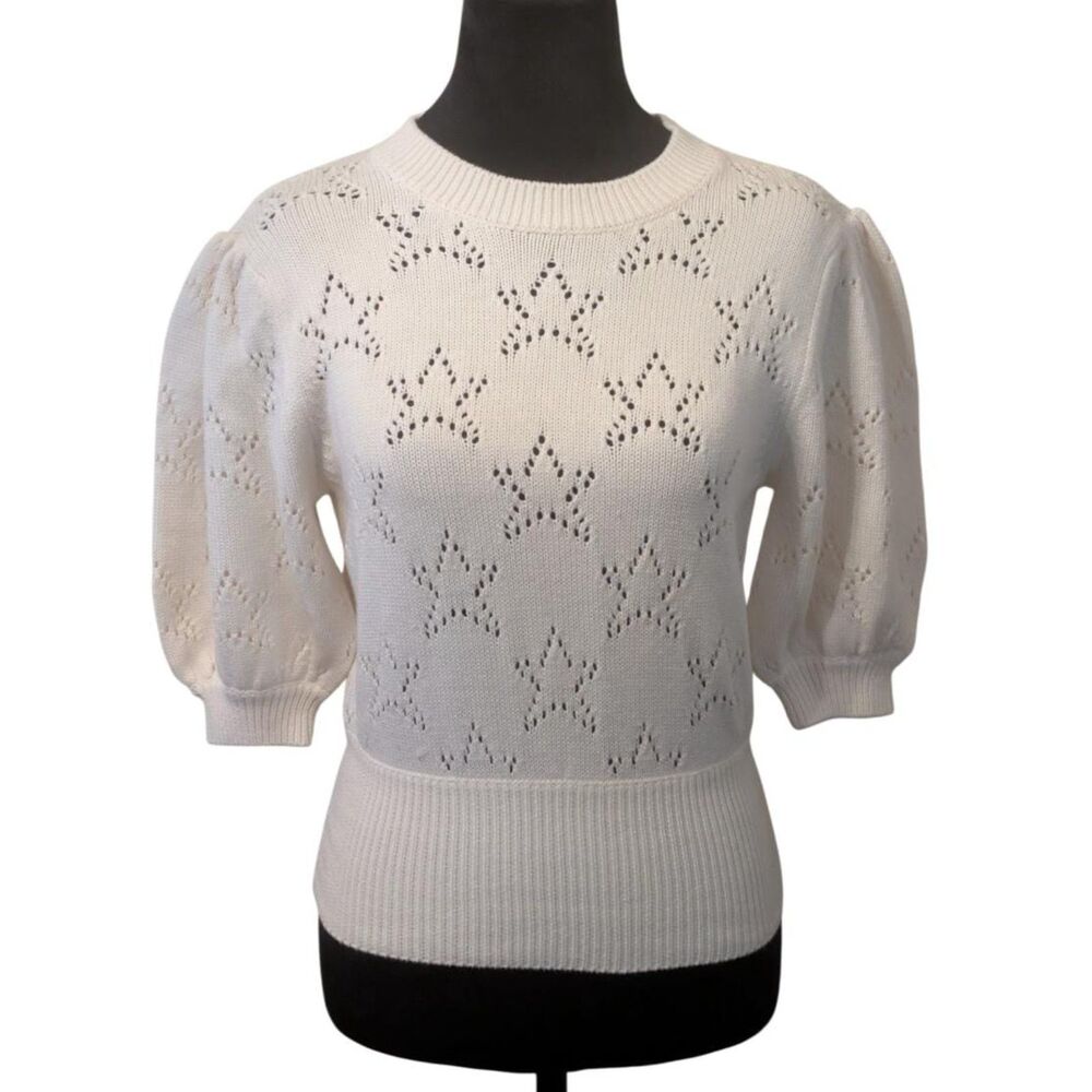 7 For All Mankind Coquette Star Pointelle Puff Sleeve Wool Sweater White, Small